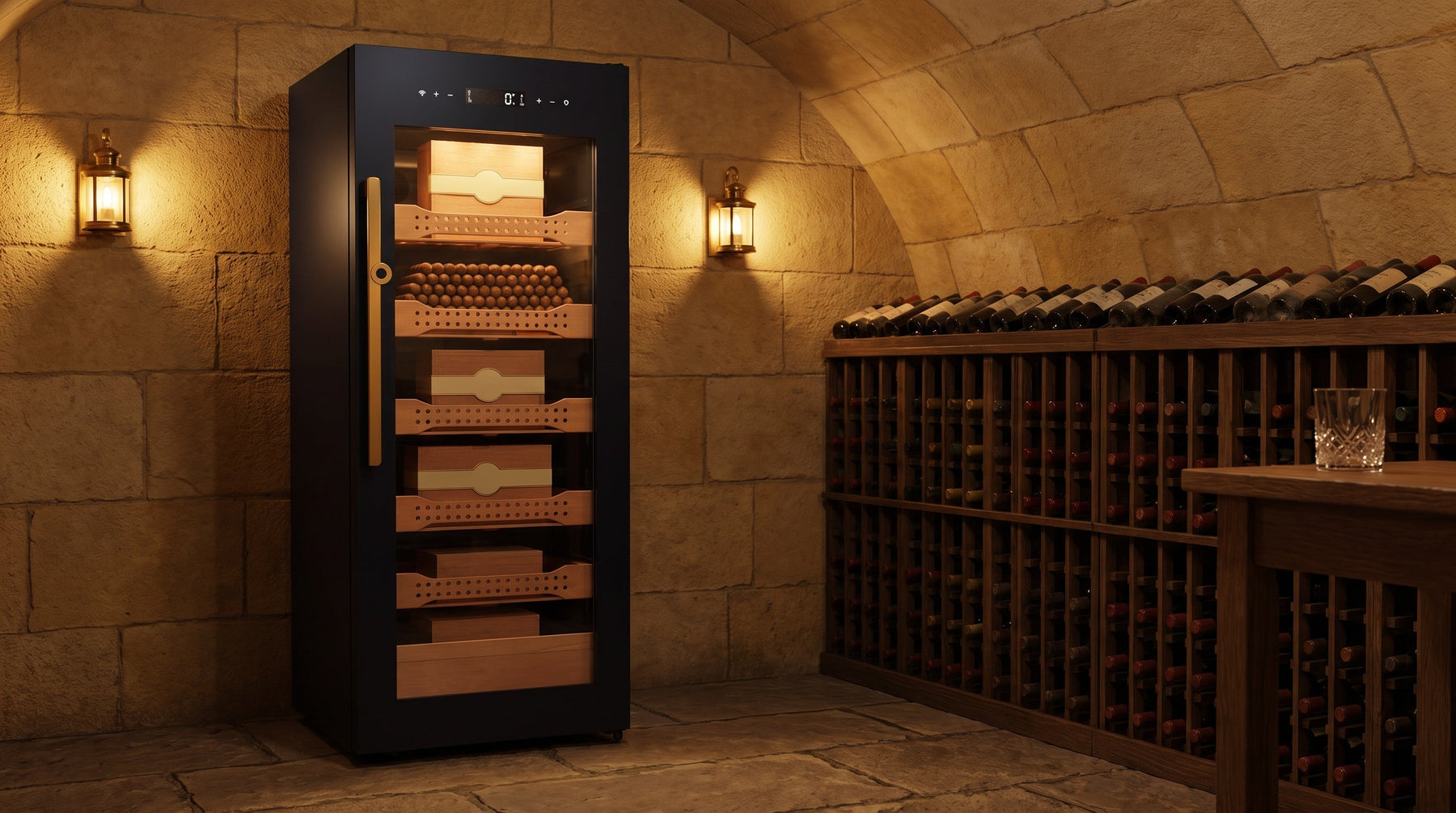 Afidano B4 1200-count cigar humidor cabinet in a vaulted stone wine cellar beside a wine rack