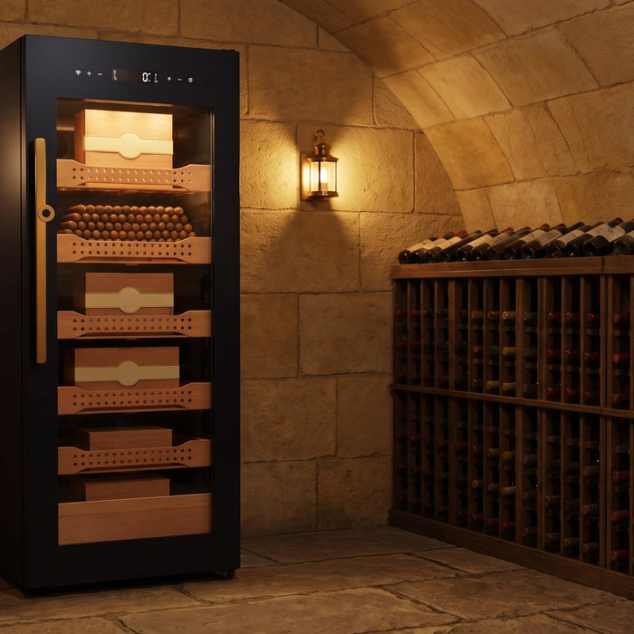 Afidano B4 1200-count cigar humidor cabinet in a vaulted stone wine cellar beside a wine rack