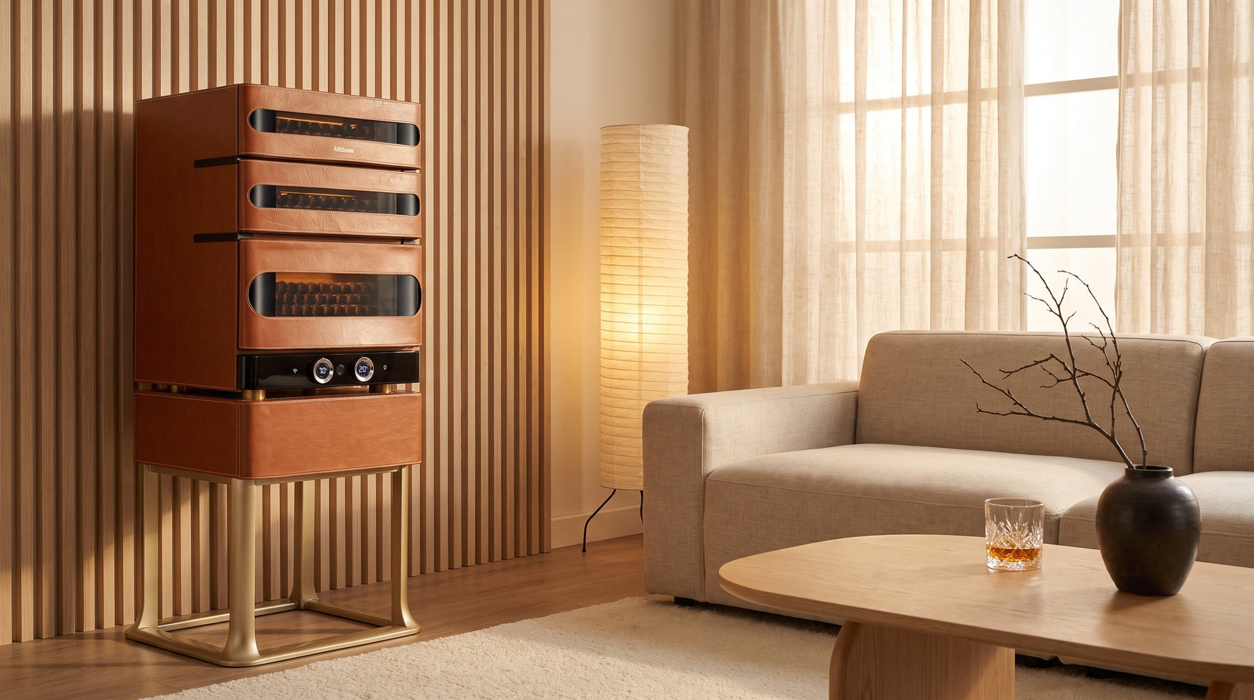 Afidano L3 Artistry cigar humidor in cognac leather on its gold stand in a warm minimalist living room