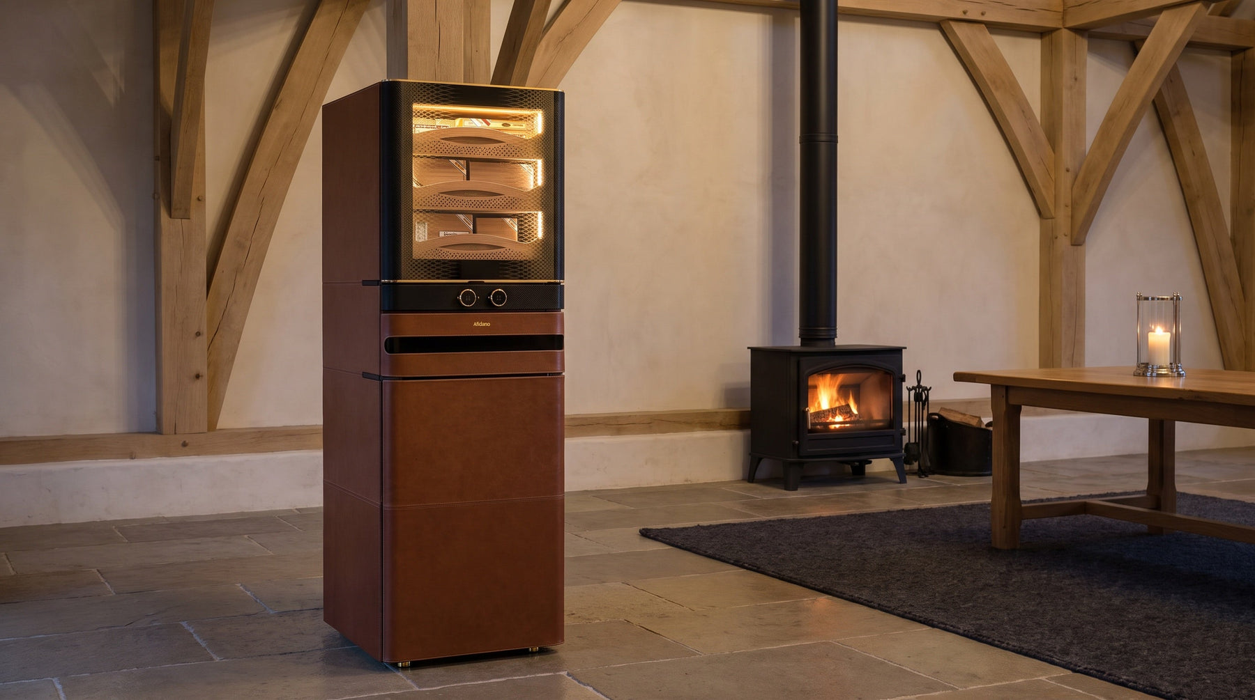 Afidano L8 2200-count leather cigar humidor cabinet in a converted barn great room beside a wood-burning stove