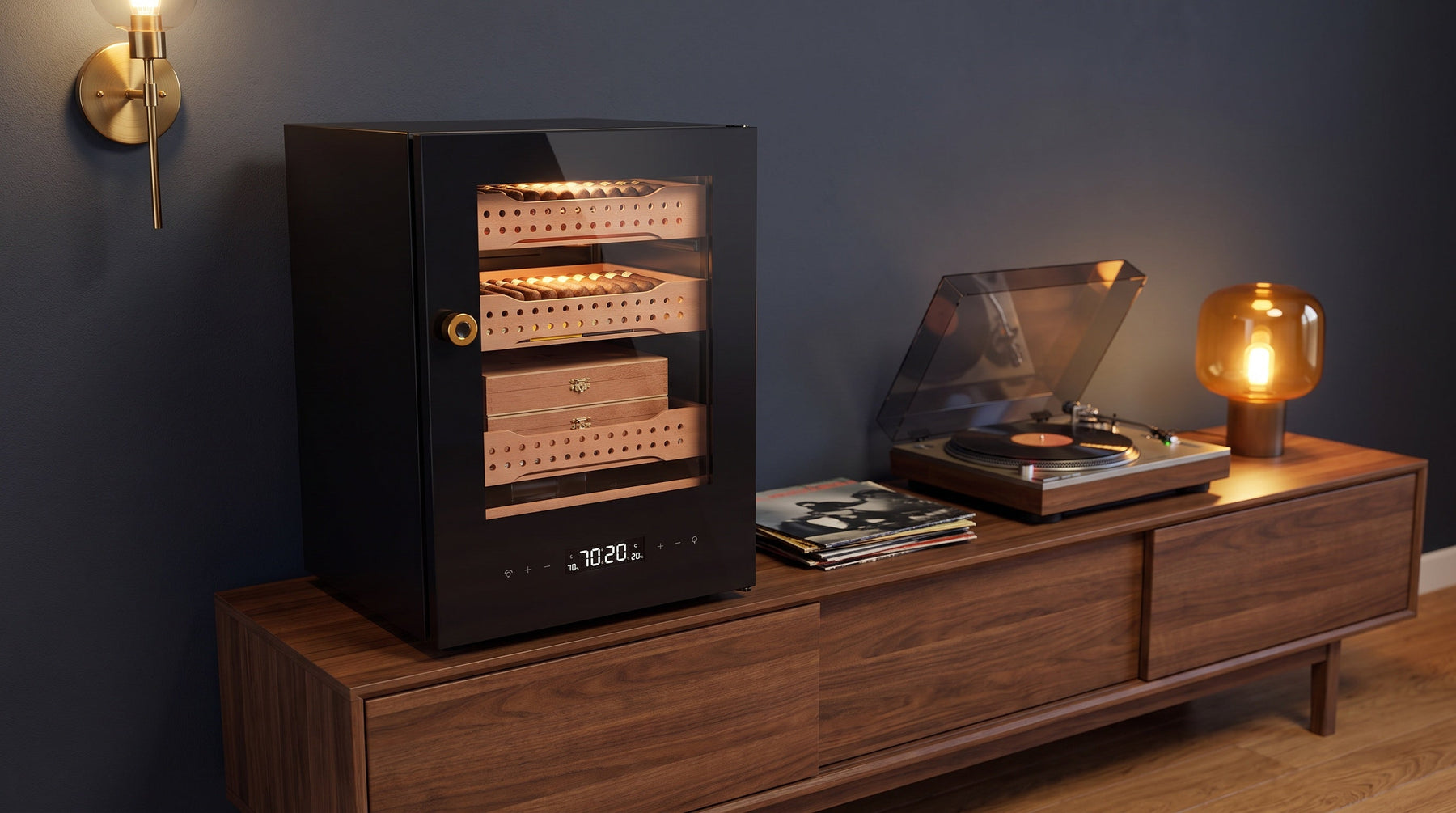 Afidano B1 400-count cigar humidor on a walnut media console beside a turntable in an apartment living room