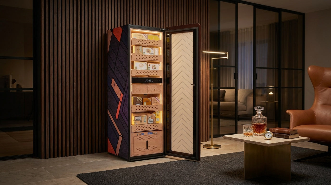 Afidano C8 electric cigar humidor open in a walnut-slat study, showing lit Spanish cedar trays and its climate panel