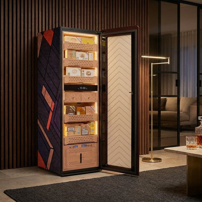 Afidano C8 electric cigar humidor open in a walnut-slat study, showing lit Spanish cedar trays and its climate panel