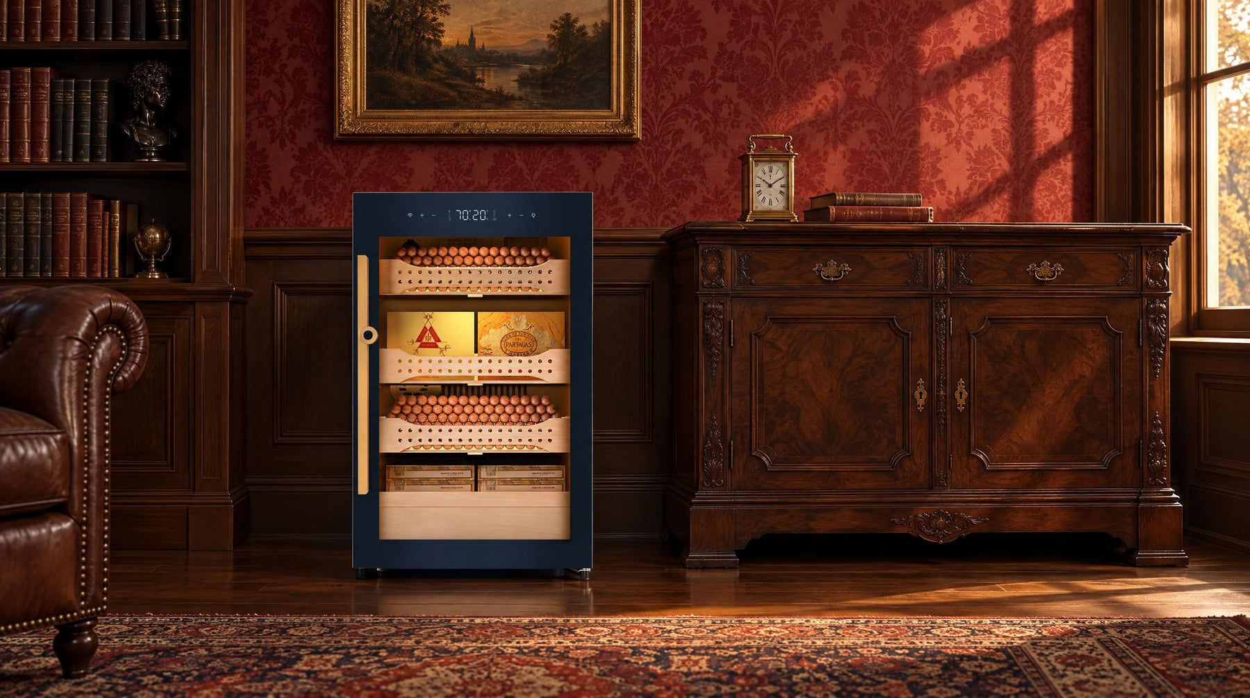 Afidano B2 glass-door cigar humidor cabinet beside an antique carved walnut sideboard in a Victorian library