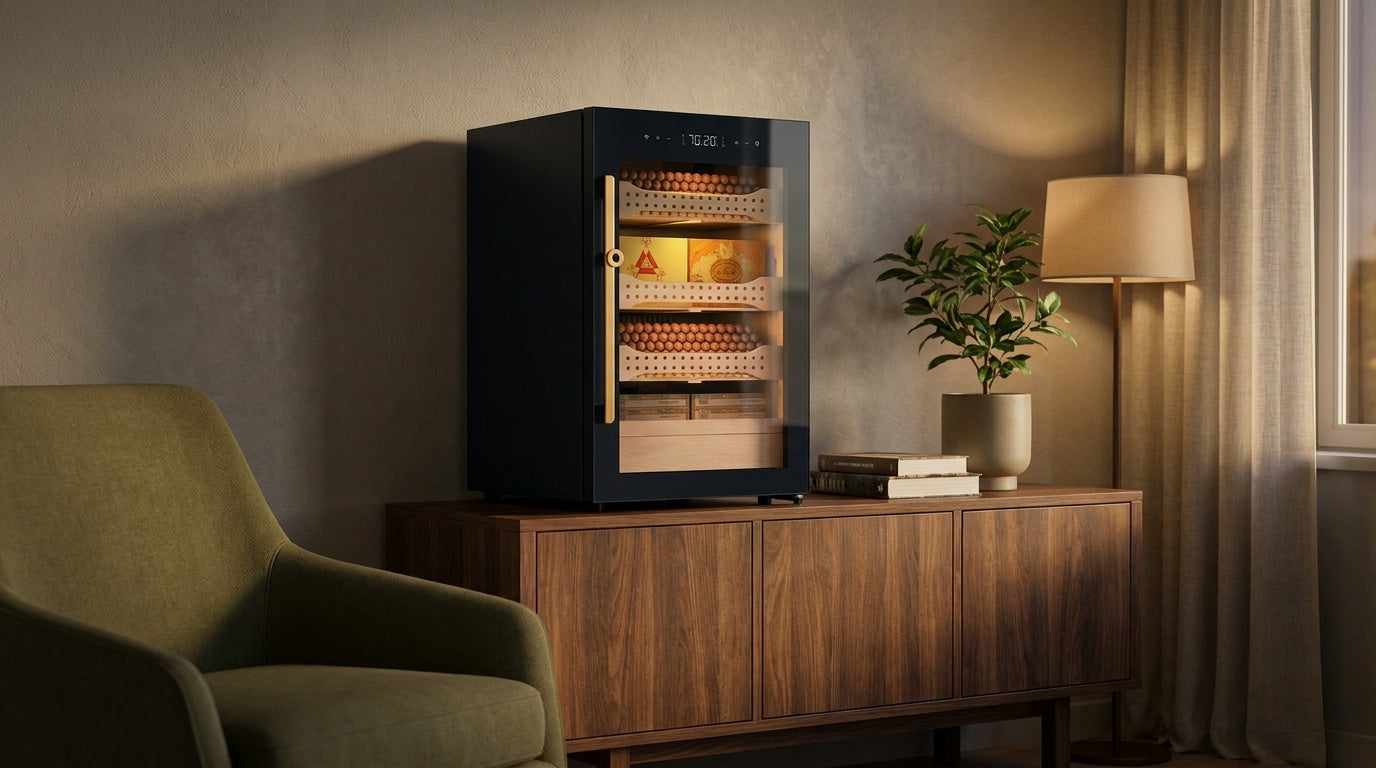 Afidano B2 glass front cigar humidor on a walnut sideboard, Spanish cedar trays of cigars lit behind the door