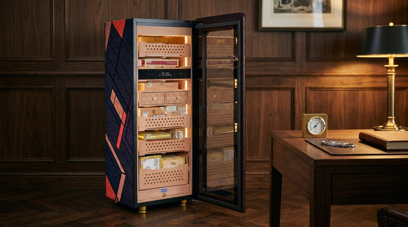 Afidano C5 electric cigar humidor open in a walnut study, revealing its lit Spanish cedar drawers stocked with cigars