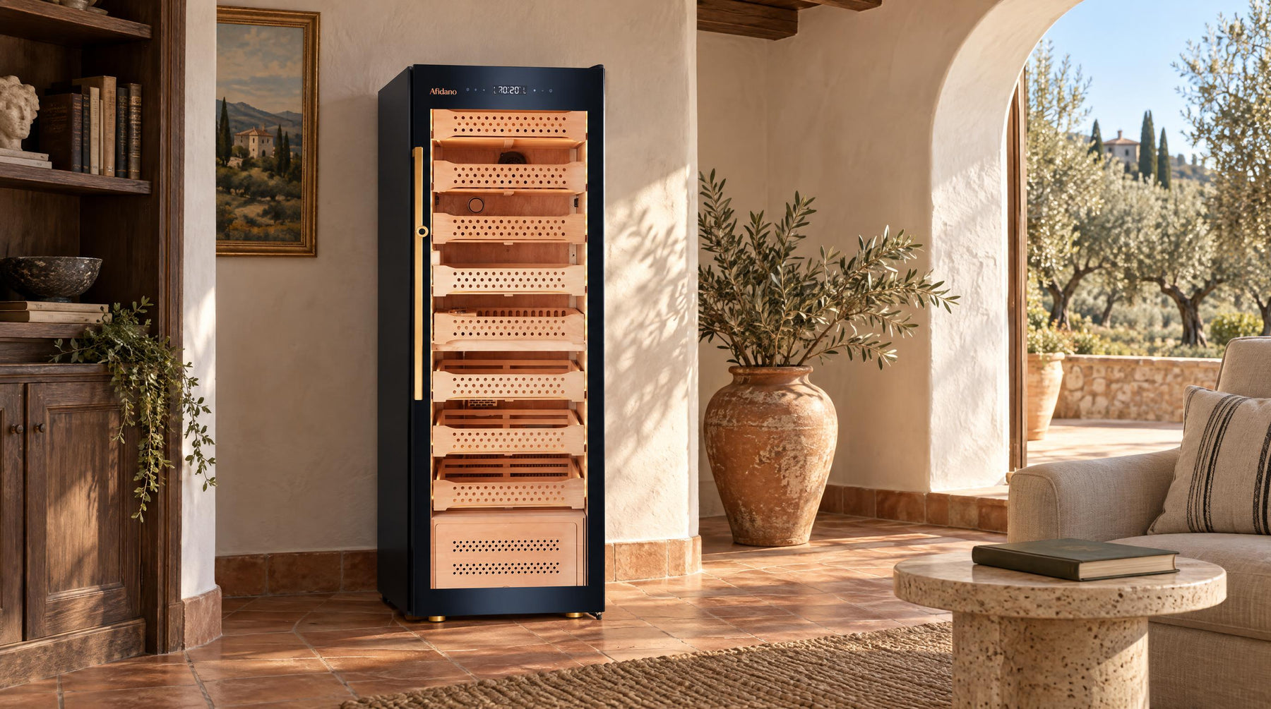 Afidano B8 glass-door electric cigar humidor cabinet in a sunlit Mediterranean villa study with arches