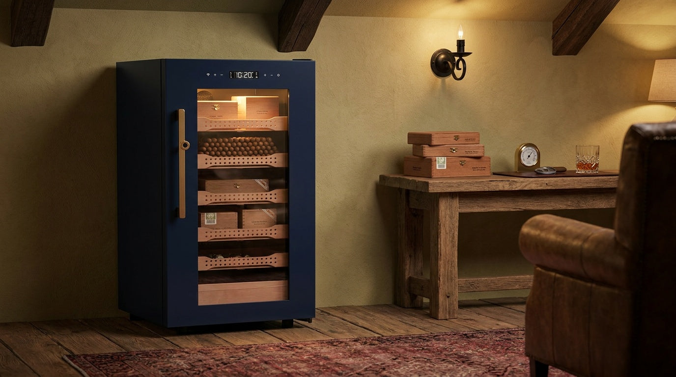 Afidano B4 1200-count cigar humidor with Spanish cedar trays in a beamed loft cigar room, glass door lit