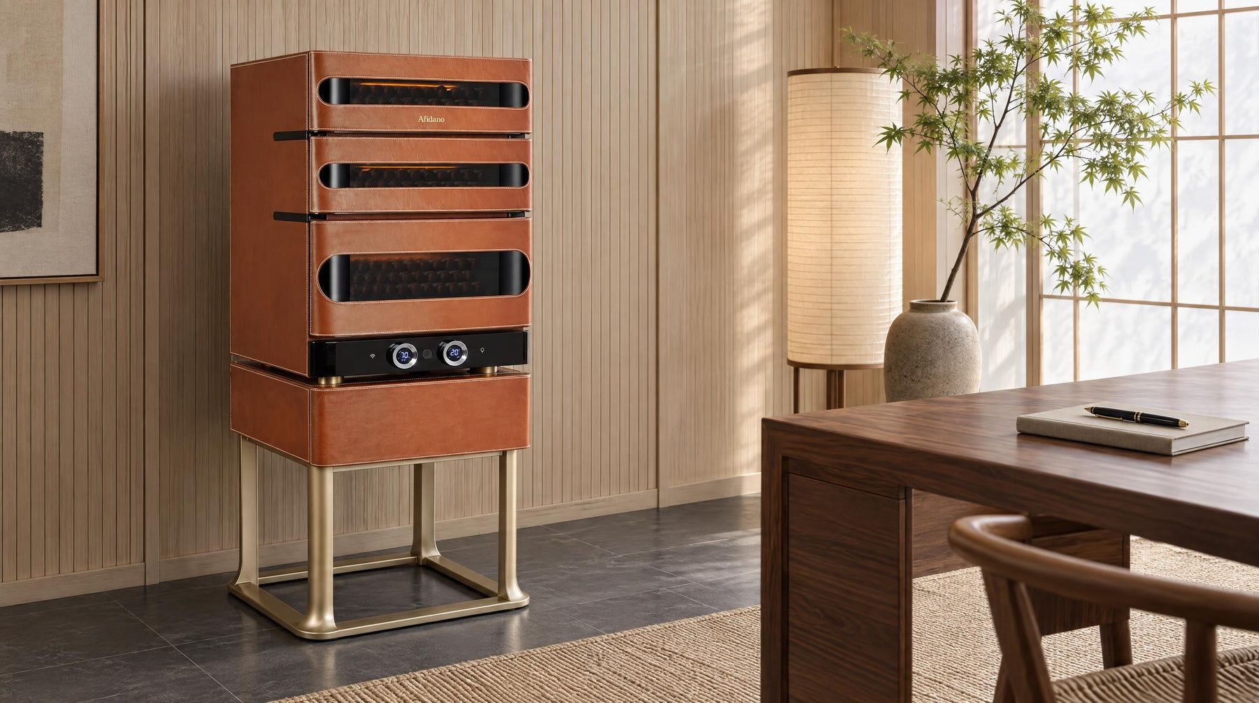Afidano L3 leather cigar humidor cabinet with built-in climate control in a pale ash-panelled study