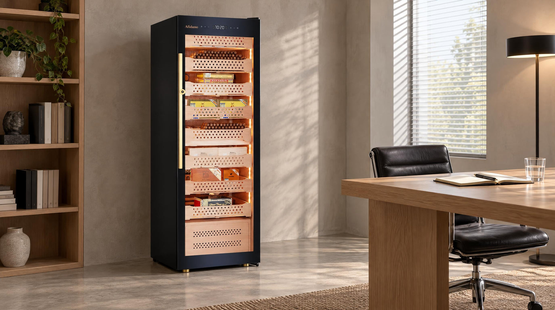 Afidano B6 glass-door cigar humidor cabinet with lit Spanish cedar trays in a minimalist home office