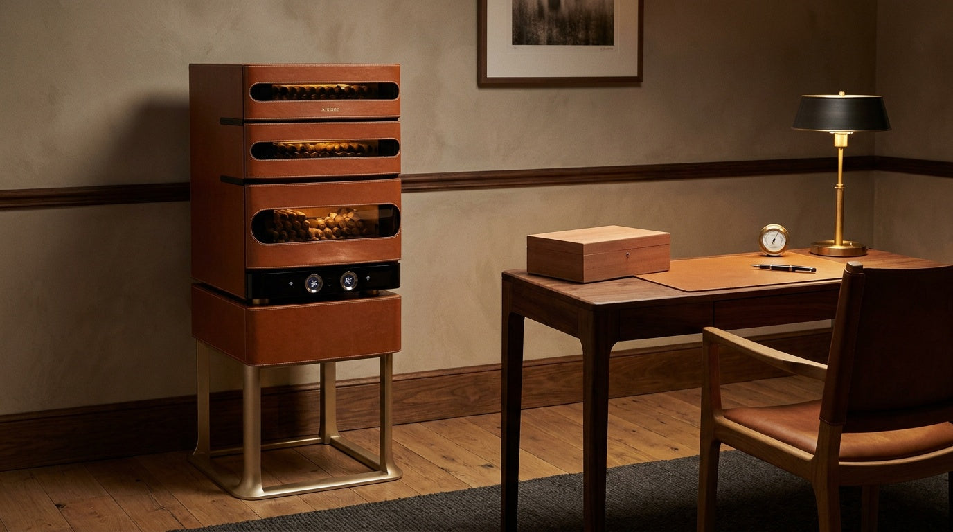 Afidano L3 Artistry cigar humidor cabinet on its gold stand beside a walnut desk holding a small cedar humidor box