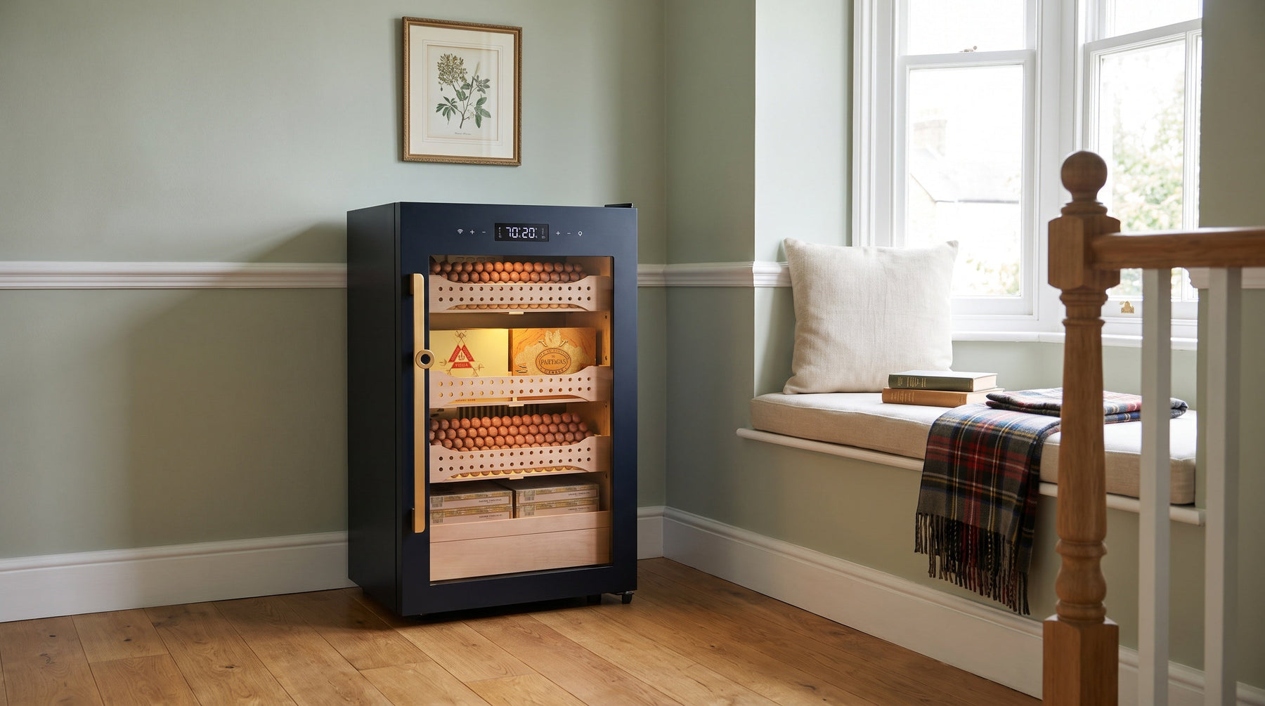 Afidano B2 850-count cigar humidor cabinet on a townhouse landing beside a bay window seat