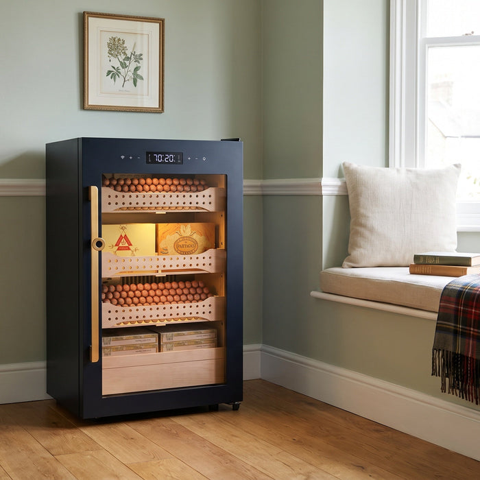 Afidano B2 850-count cigar humidor cabinet on a townhouse landing beside a bay window seat