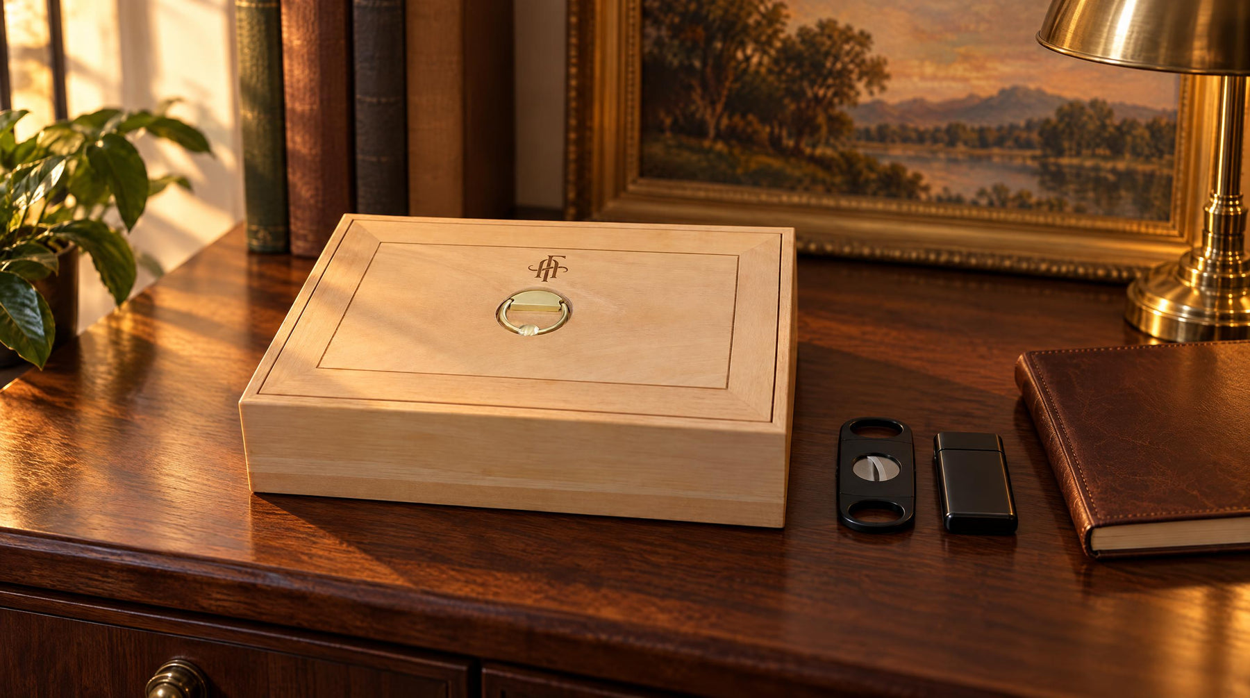 Afidano Spanish cedar cigar box with brass ring pull on a walnut sideboard in golden evening light