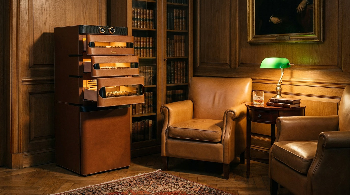 Afidano L5 Artistry cigar humidor cabinet with leather drawers open on lit Spanish cedar trays of cigars