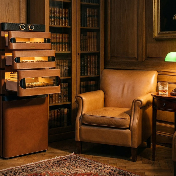 Afidano L5 Artistry cigar humidor cabinet with leather drawers open on lit Spanish cedar trays of cigars