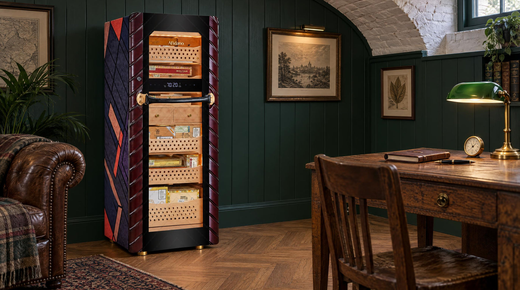 Afidano C5 electric cigar humidor cabinet with Spanish cedar drawers in a green-panelled den set up as a cigar aging cellar