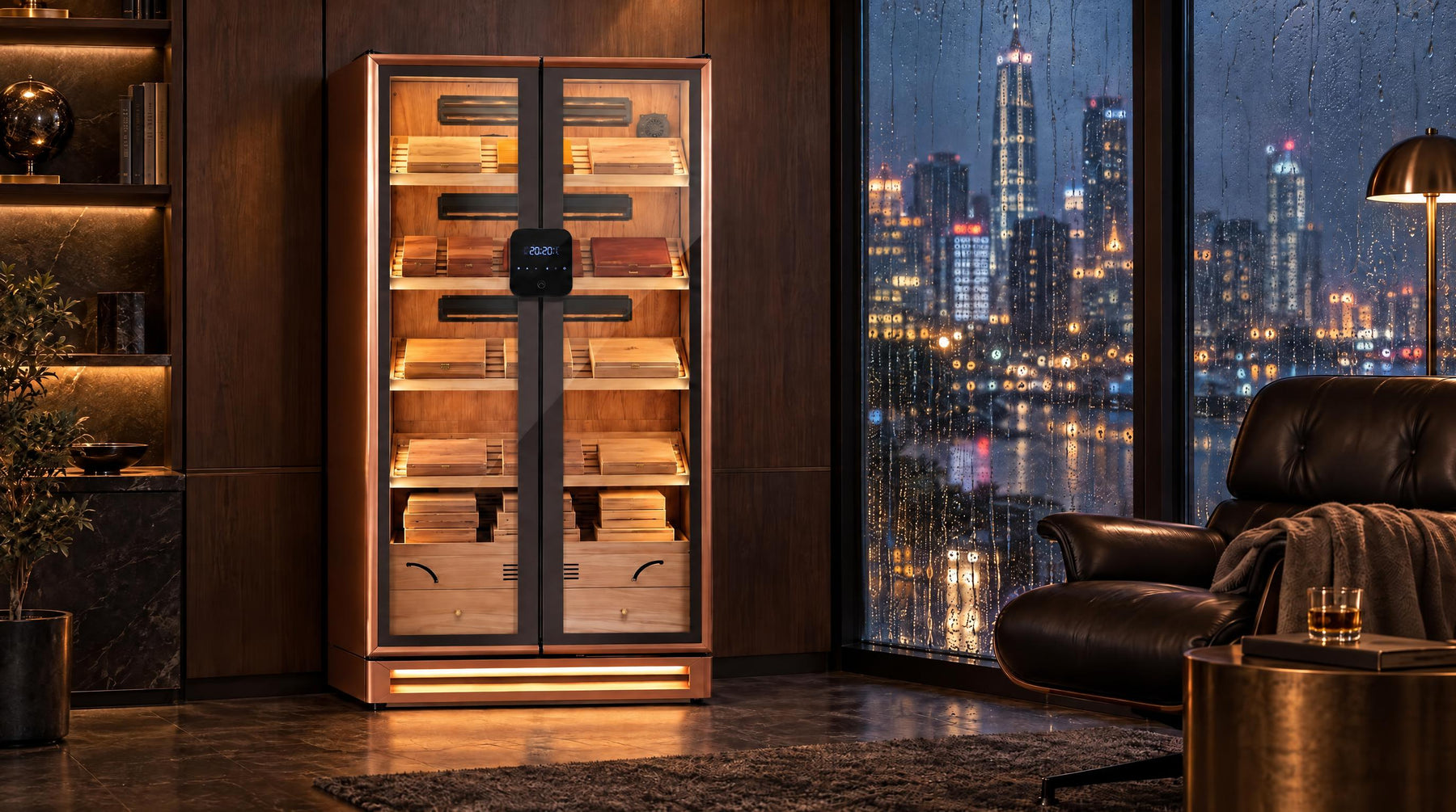 Afidano double-door 3000-count cigar humidor cabinet in a high-rise study on a rainy, humid city night