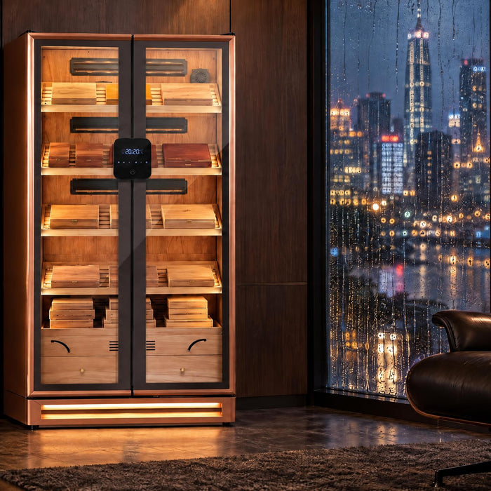 Afidano double-door 3000-count cigar humidor cabinet in a high-rise study on a rainy, humid city night