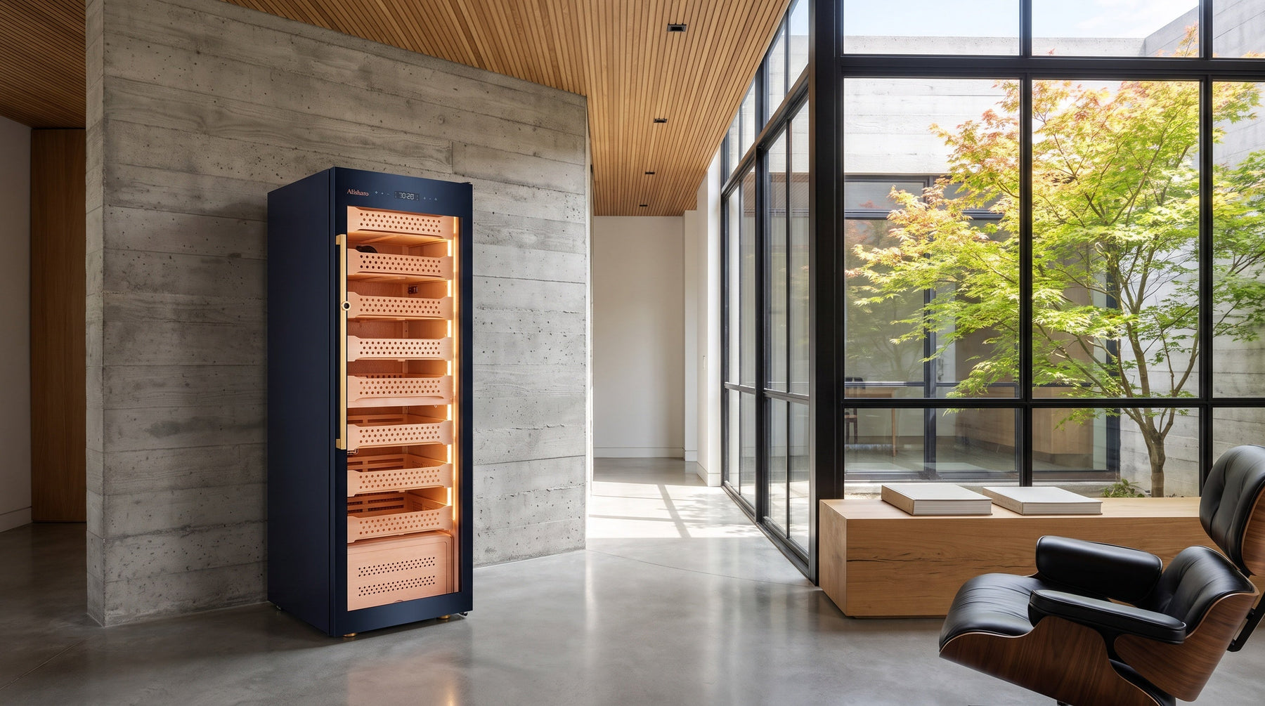 Afidano B8 glass-door electric cigar humidor cabinet displaying cedar trays in a modern concrete-and-oak living space