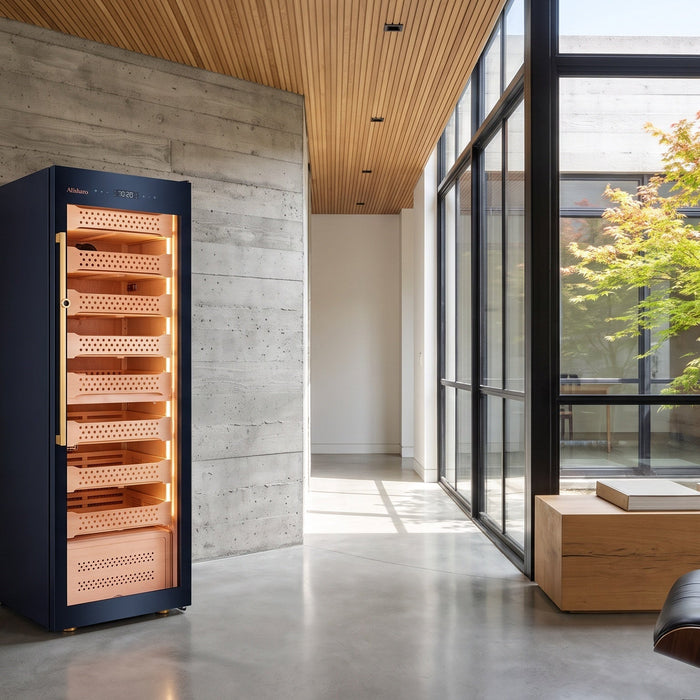 Afidano B8 glass-door electric cigar humidor cabinet displaying cedar trays in a modern concrete-and-oak living space