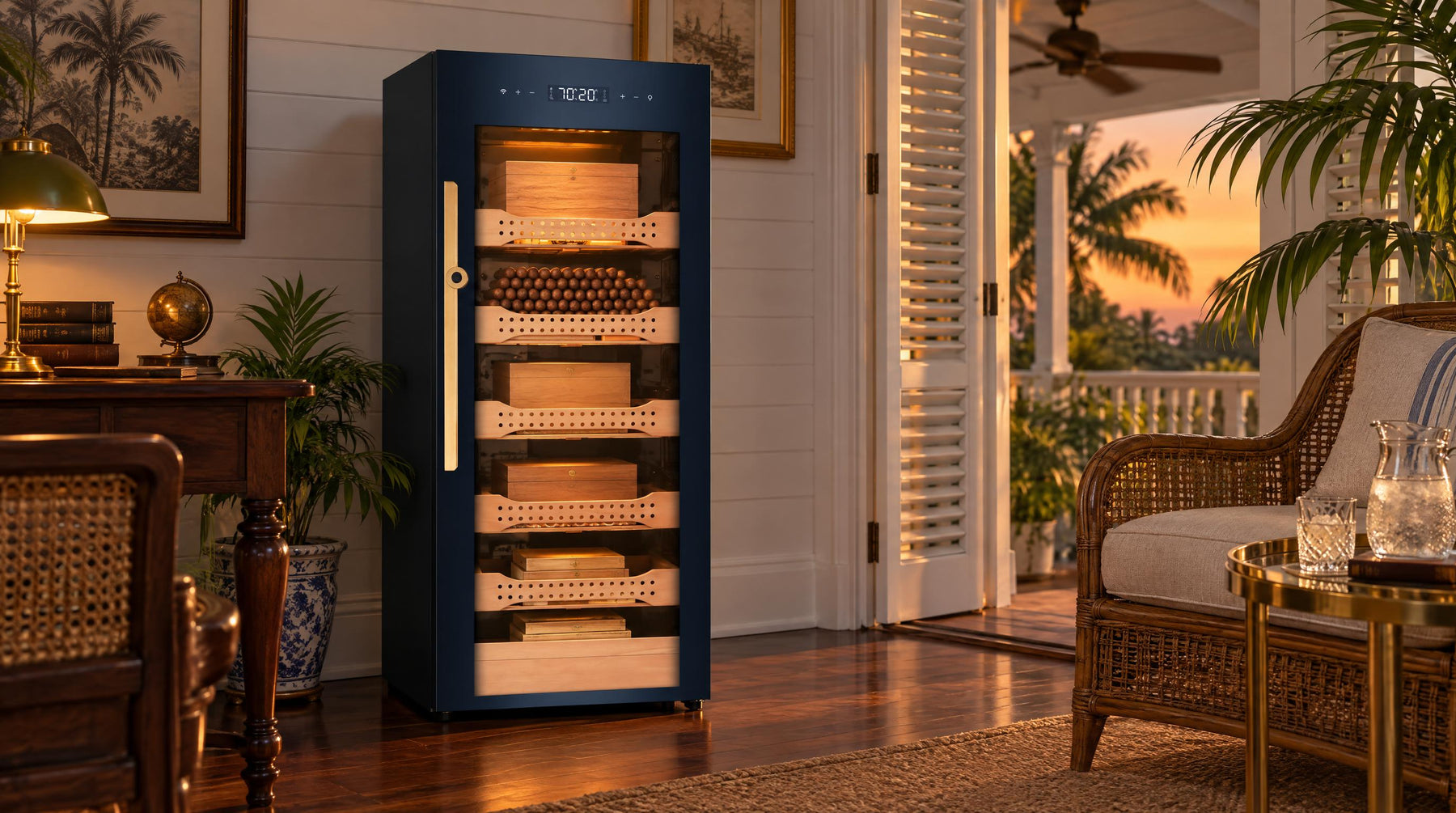 Afidano B4 glass-door cigar humidor cabinet in a tropical colonial study at hot summer dusk