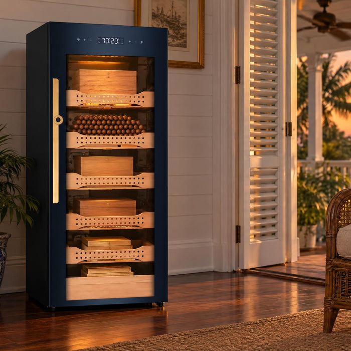 Afidano B4 glass-door cigar humidor cabinet in a tropical colonial study at hot summer dusk