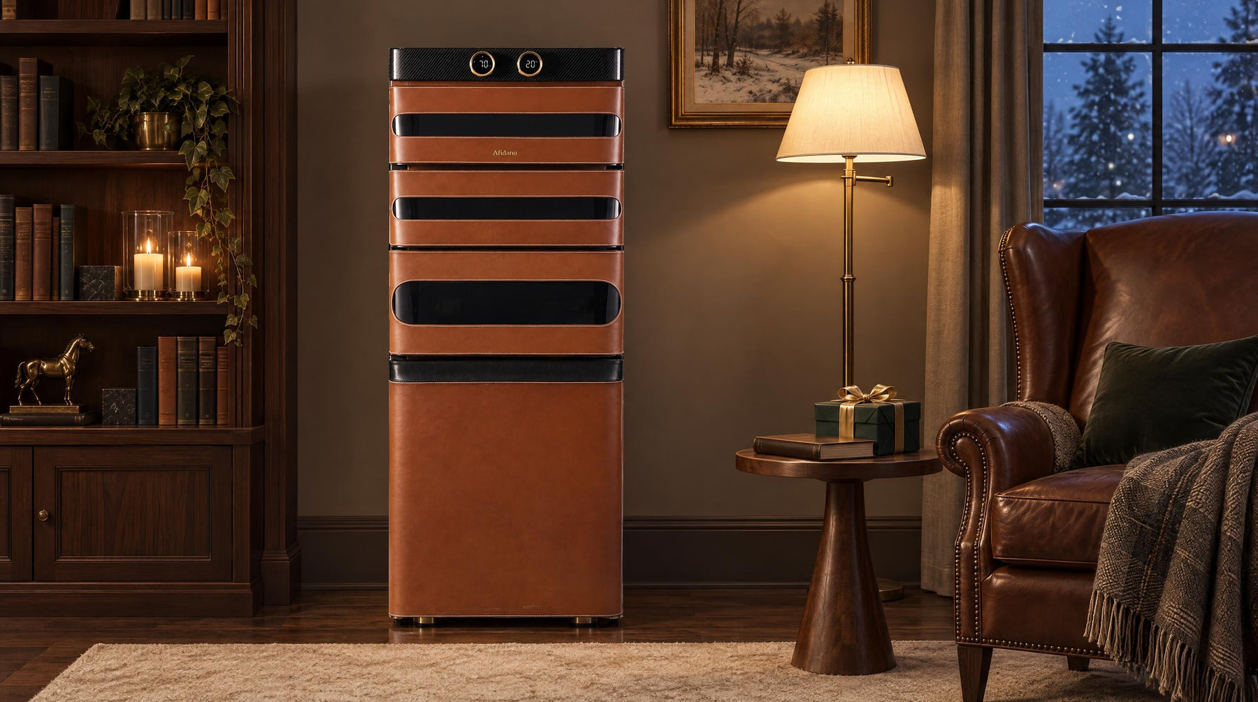 Afidano L5 leather Artistry cigar humidor cabinet in a candlelit winter study beside a wrapped gift