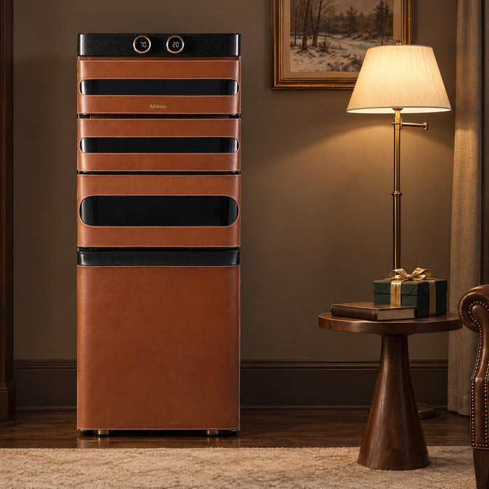 Afidano L5 leather Artistry cigar humidor cabinet in a candlelit winter study beside a wrapped gift