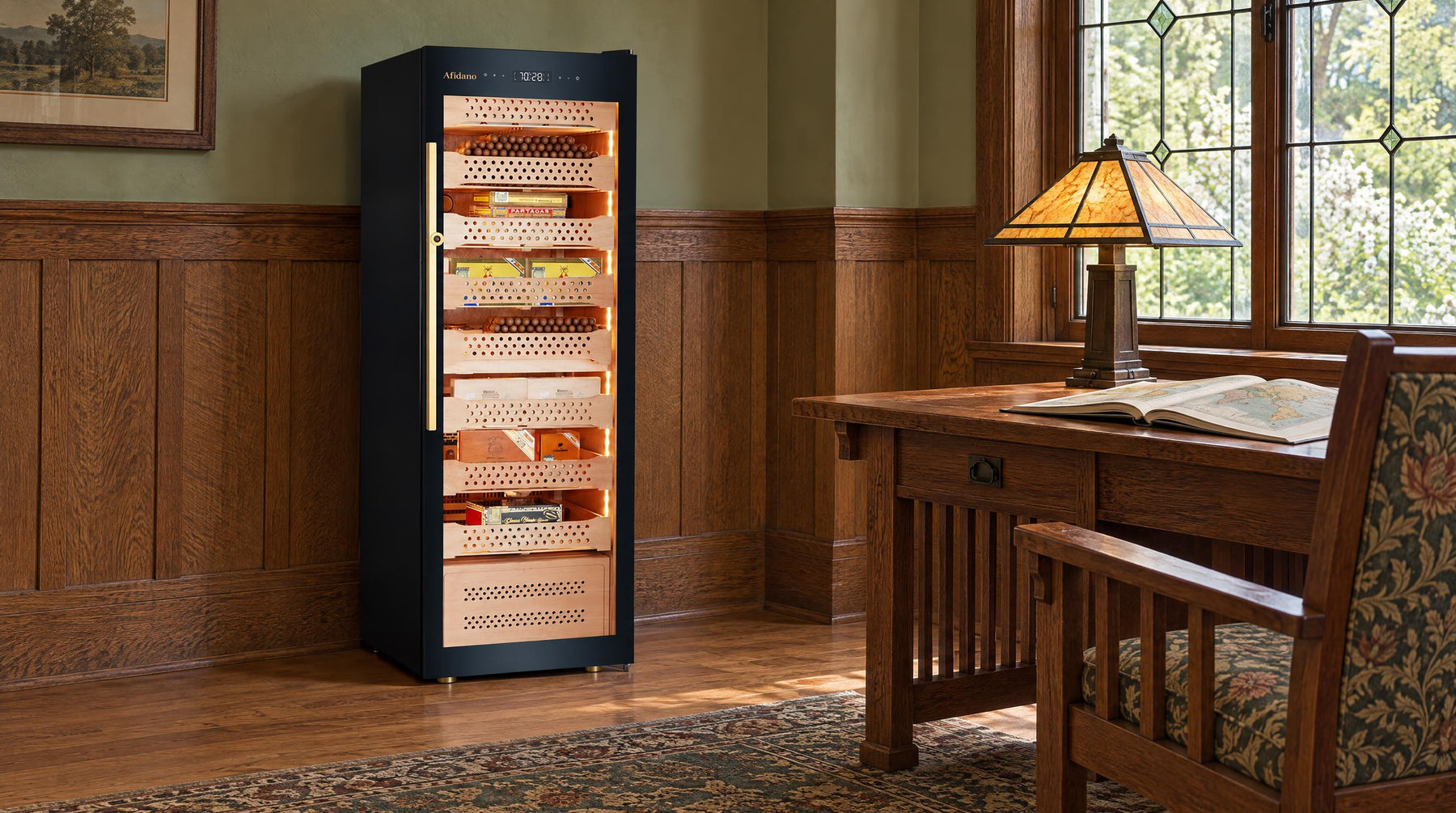 Afidano B6 glass-door cigar humidor cabinet with Spanish cedar trays in an oak-panelled study