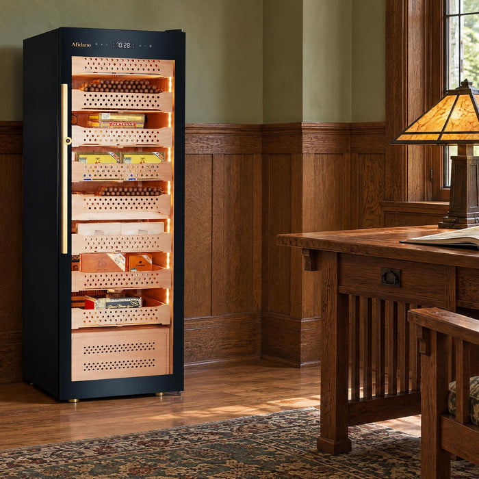 Afidano B6 glass-door cigar humidor cabinet with Spanish cedar trays in an oak-panelled study