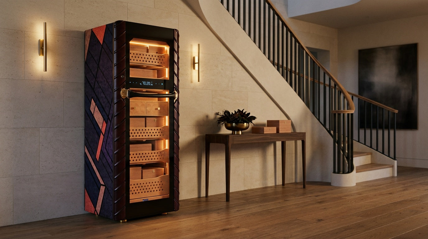 Afidano C5 Atelier electric cigar humidor with lit Spanish cedar trays in a limestone entrance hall at dusk