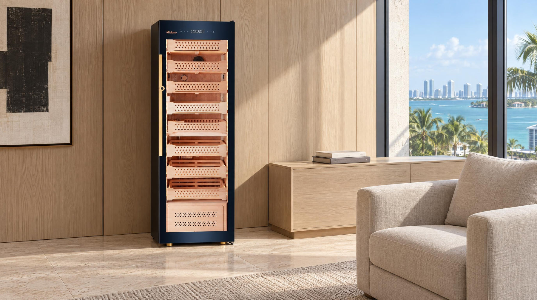 Afidano B8 glass-door cigar humidor cabinet with compressor cooling in a sunlit waterfront study