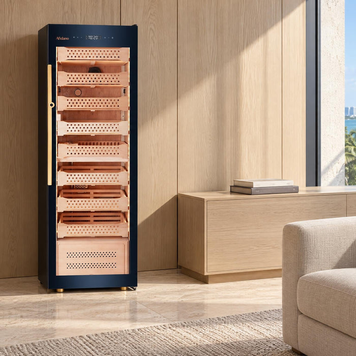 Afidano B8 glass-door cigar humidor cabinet with compressor cooling in a sunlit waterfront study