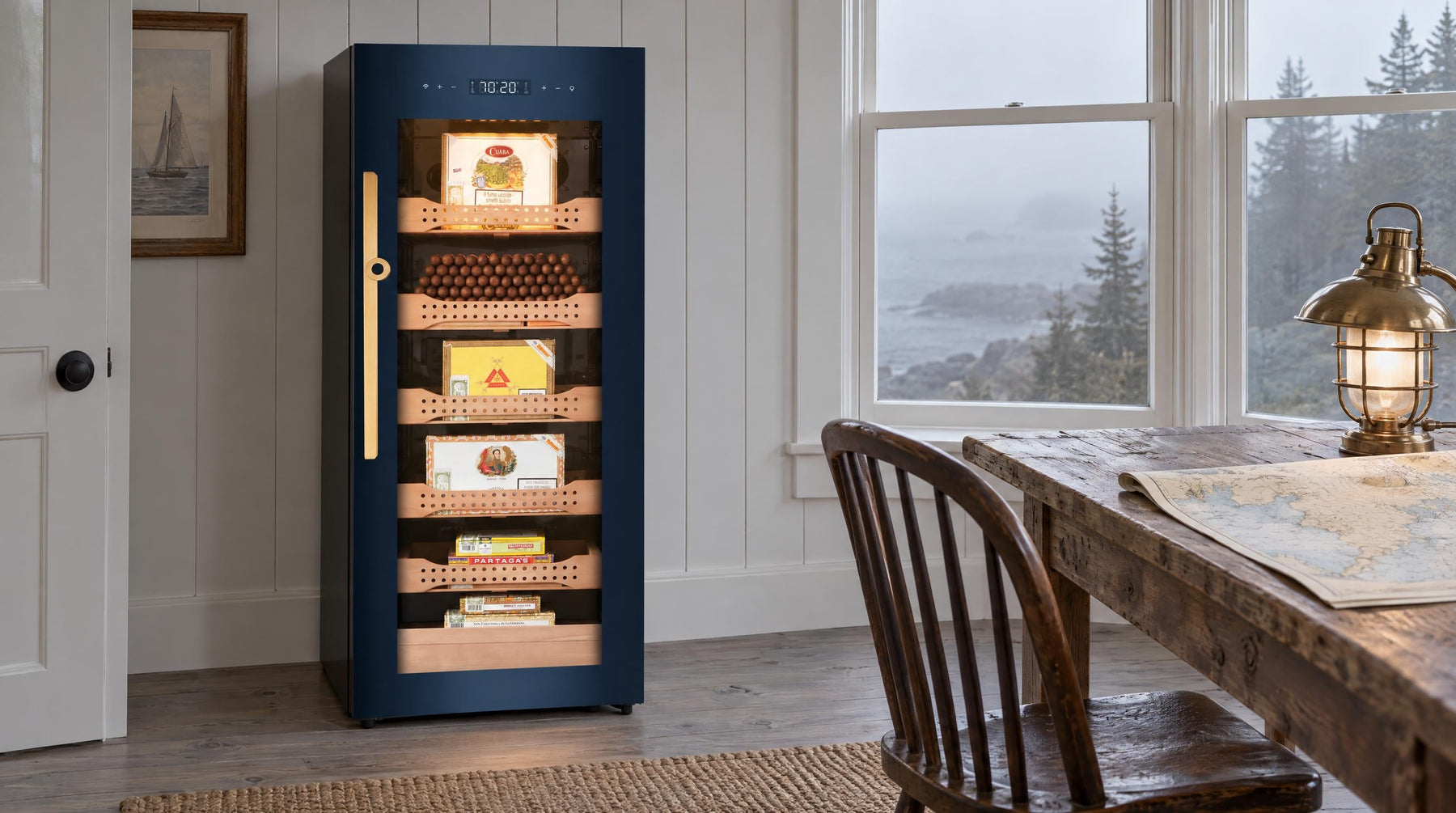 Afidano B4 glass-door cigar humidor cabinet in a white board-walled coastal study on a foggy morning