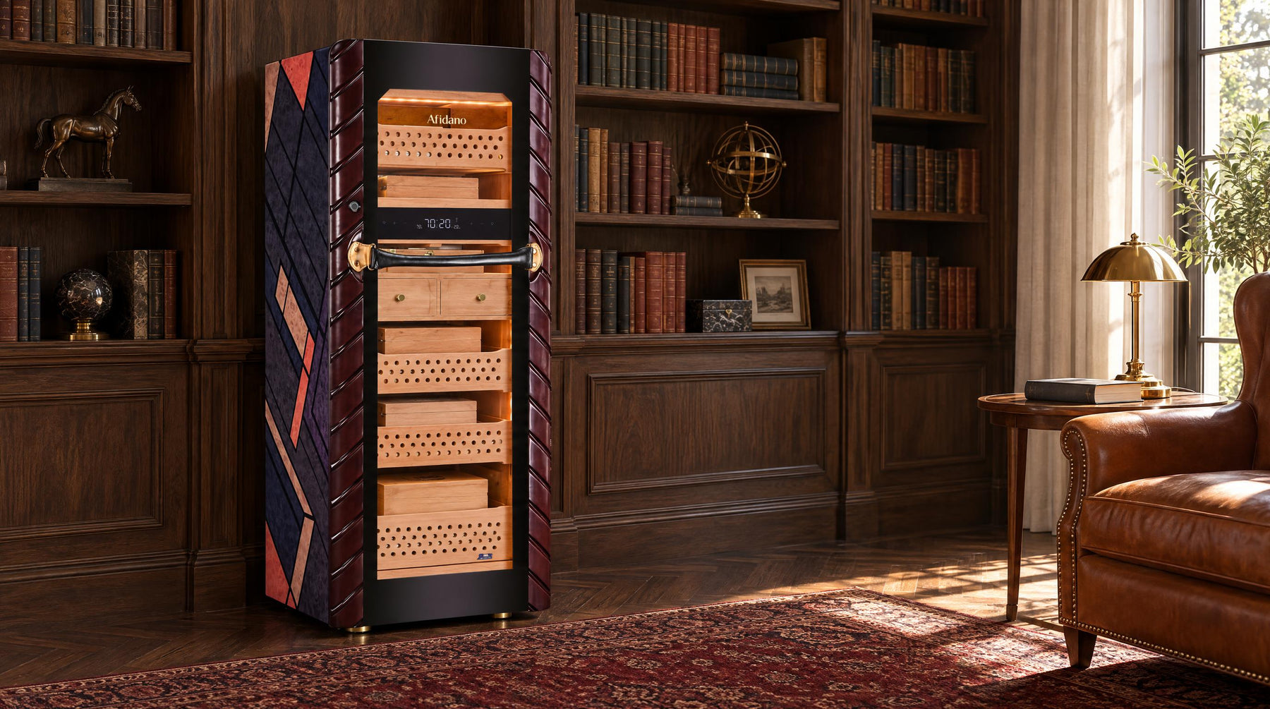 Afidano C5 Atelier electric cigar humidor with Spanish cedar trays in a shaded corner of a walnut library-study