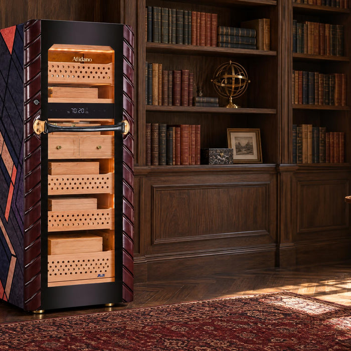 Afidano C5 Atelier electric cigar humidor with Spanish cedar trays in a shaded corner of a walnut library-study