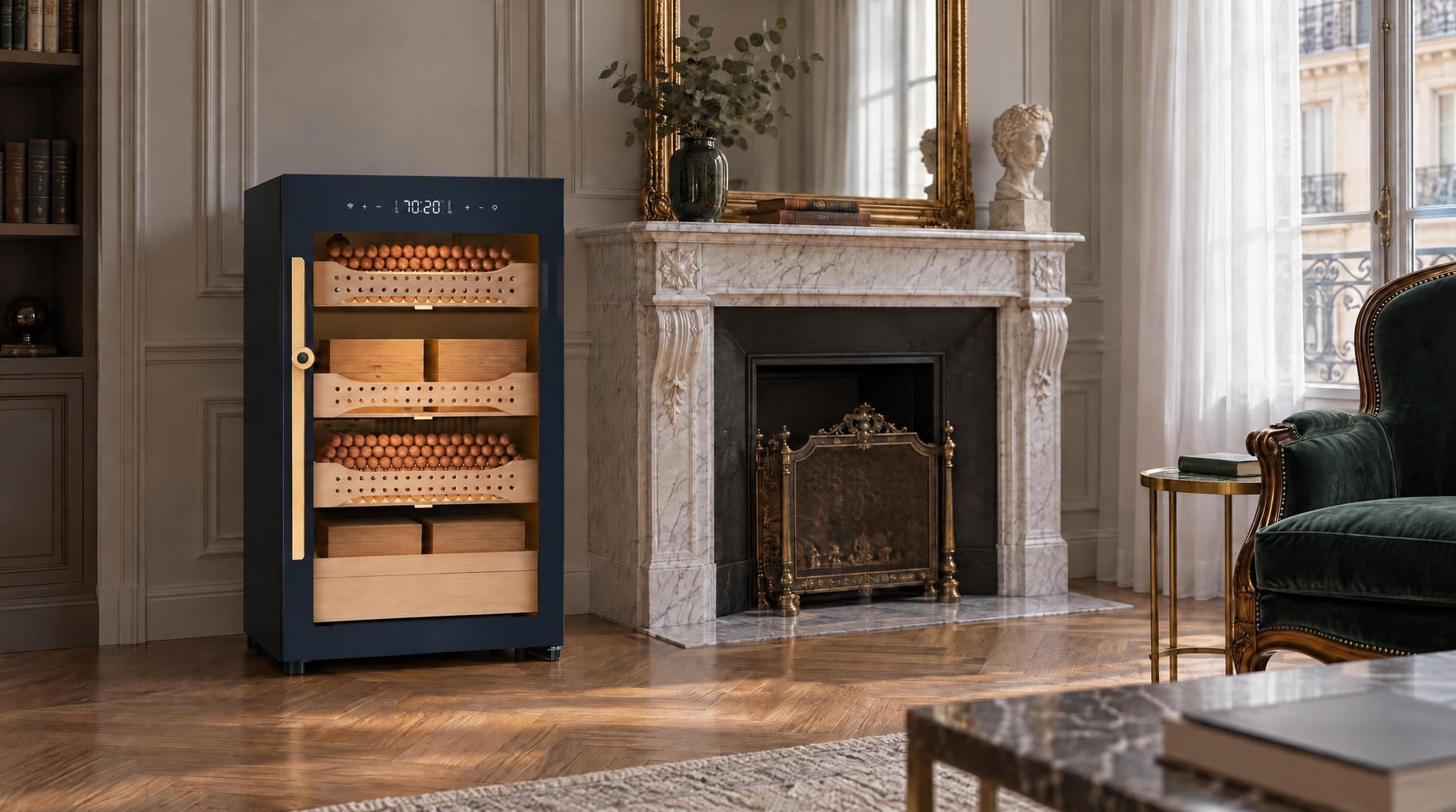 Afidano B2 glass-door cigar humidor cabinet beside a marble fireplace in an elegant Parisian study