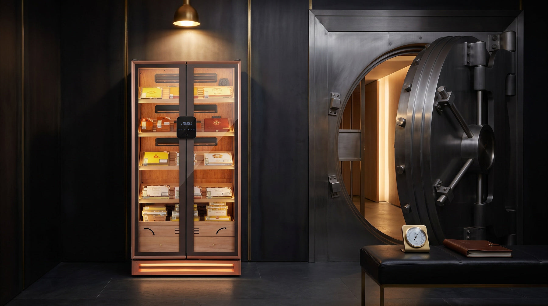 Afidano double-door 3000-count cigar humidor cabinet standing in a private steel-panelled cigar vault room at night