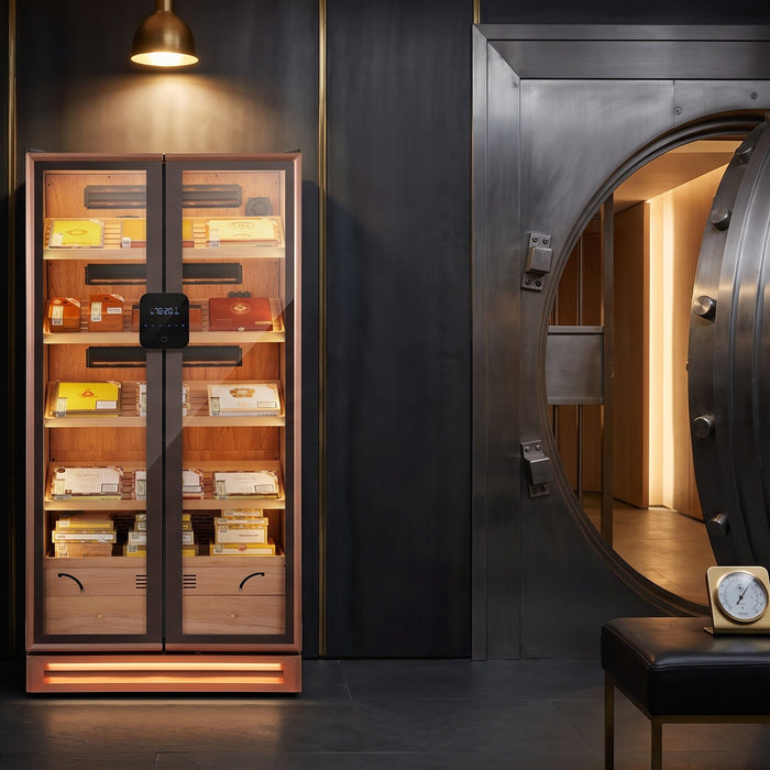 Afidano double-door 3000-count cigar humidor cabinet standing in a private steel-panelled cigar vault room at night