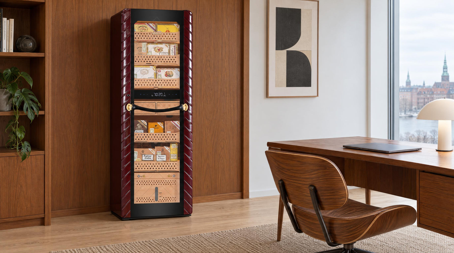 Afidano C8 climate-controlled cigar humidor cabinet with glass door in a teak-panelled mid-century office