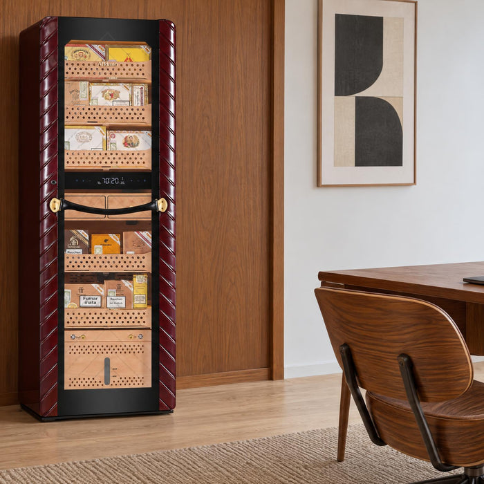 Afidano C8 climate-controlled cigar humidor cabinet with glass door in a teak-panelled mid-century office