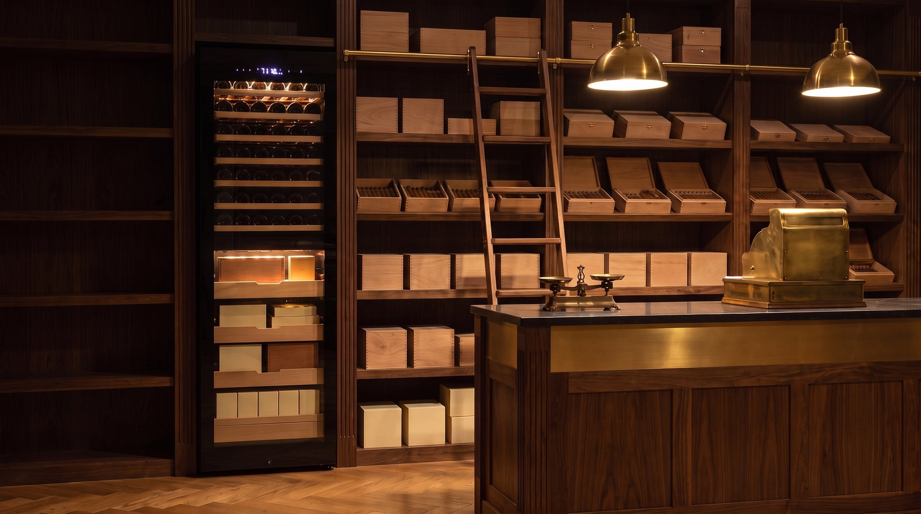 Afidano dual-zone commercial cigar humidor cabinet with wine and Spanish cedar shelves in a tobacconist shop