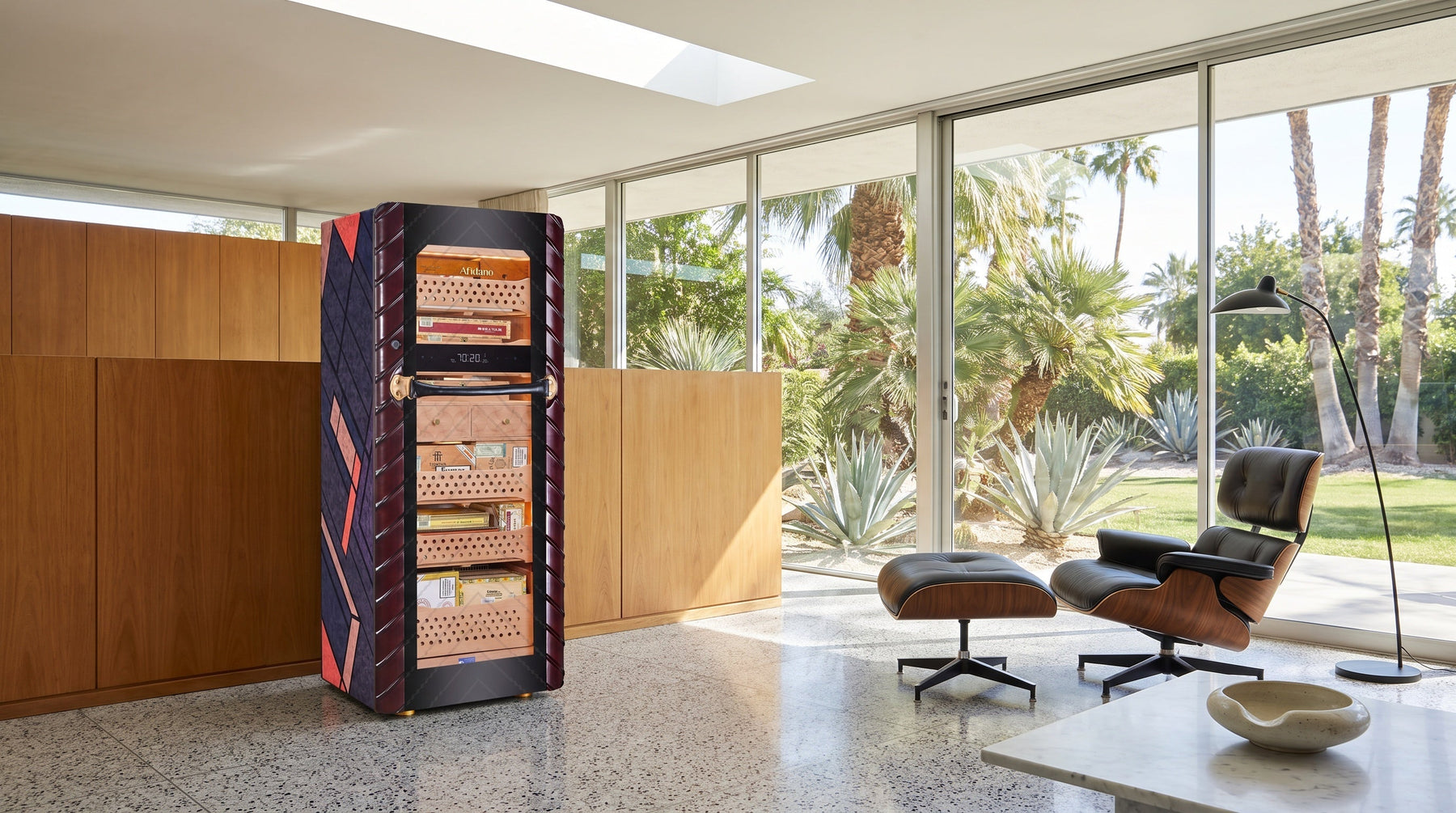 Afidano C5 Atelier cigar humidor with Art Deco marquetry side panel in a mid-century modern glass-walled living room