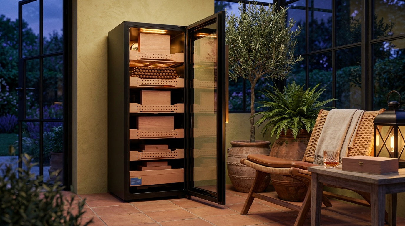 Afidano B4 steel cigar humidor cabinet open in a conservatory, lit Spanish cedar trays of cigars and cedar boxes