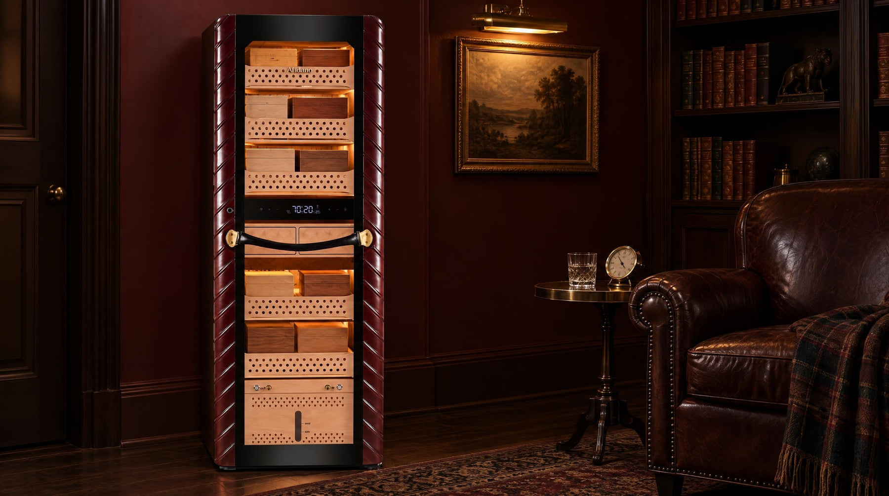 Afidano C8 electric cigar humidor with glowing digital readout in a dark oxblood den at night