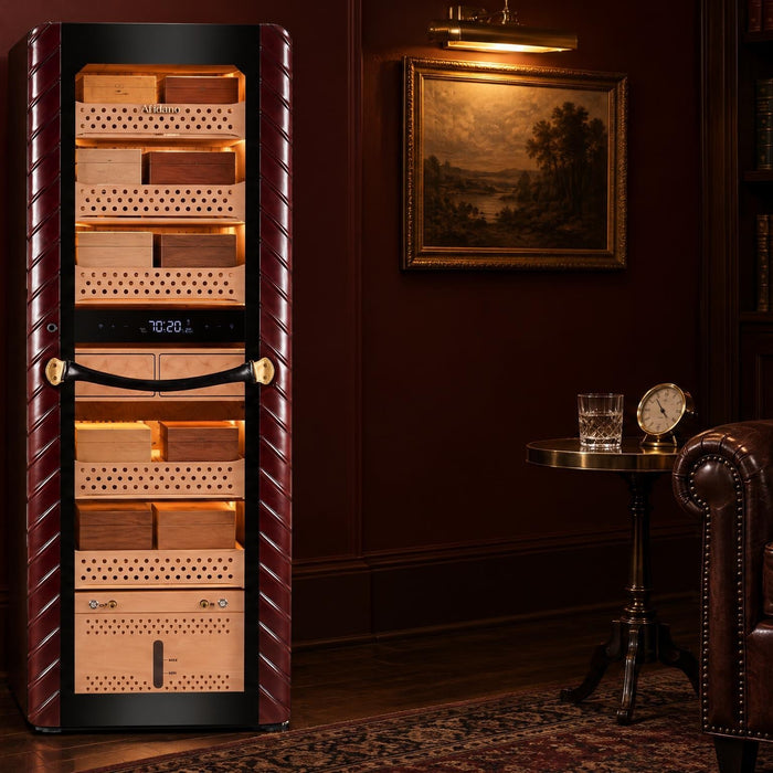 Afidano C8 electric cigar humidor with glowing digital readout in a dark oxblood den at night