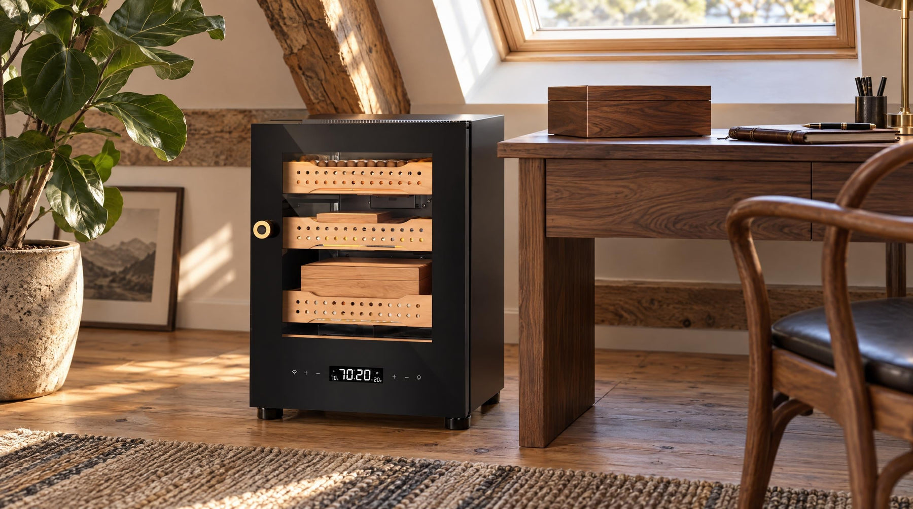 Afidano B1 electronic cigar humidor beside a desk holding a traditional wooden humidor box in a loft office