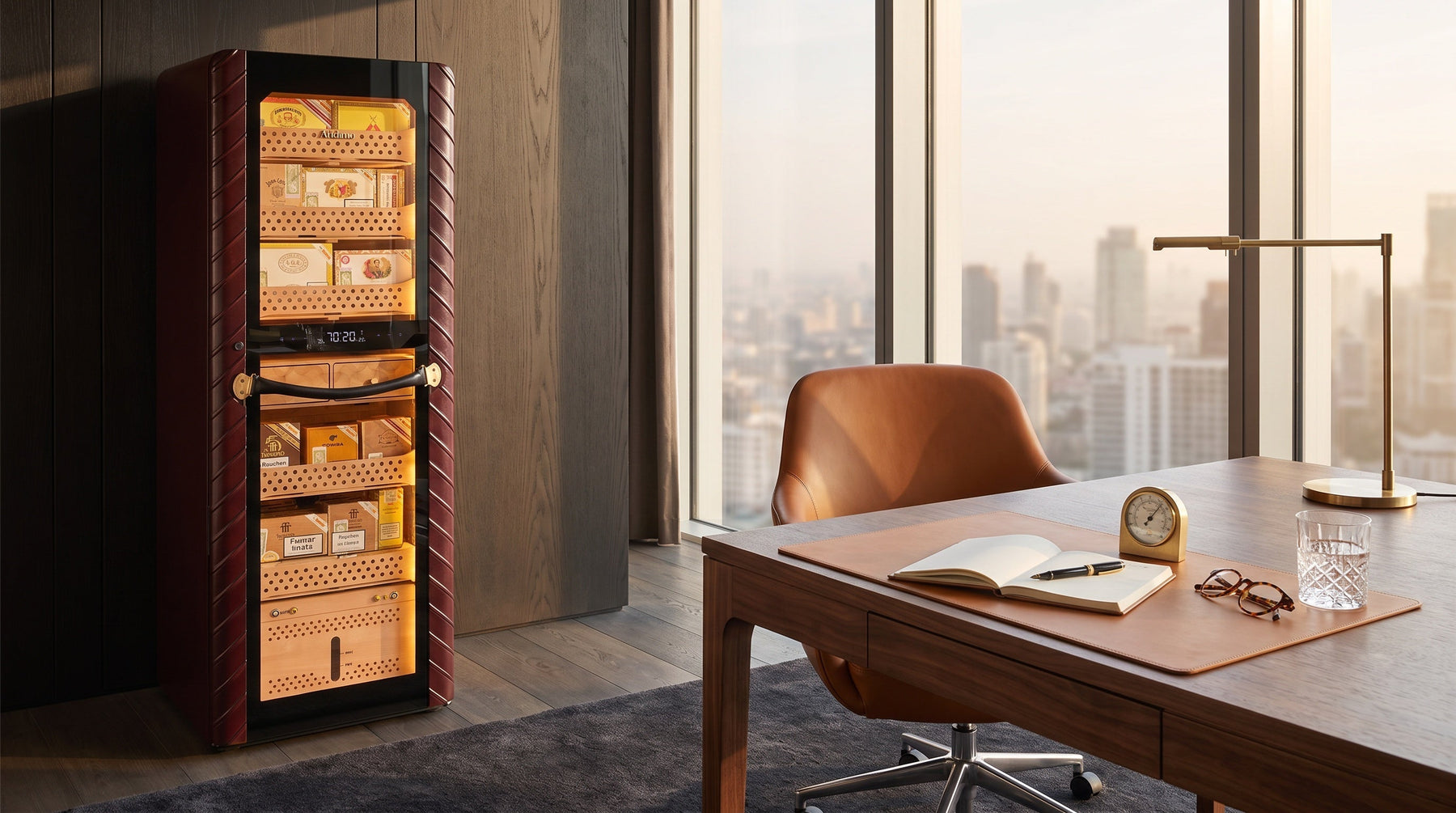 Afidano C8 Atelier electric cigar humidor with lit Spanish cedar trays in a high-rise corner office beside a walnut desk