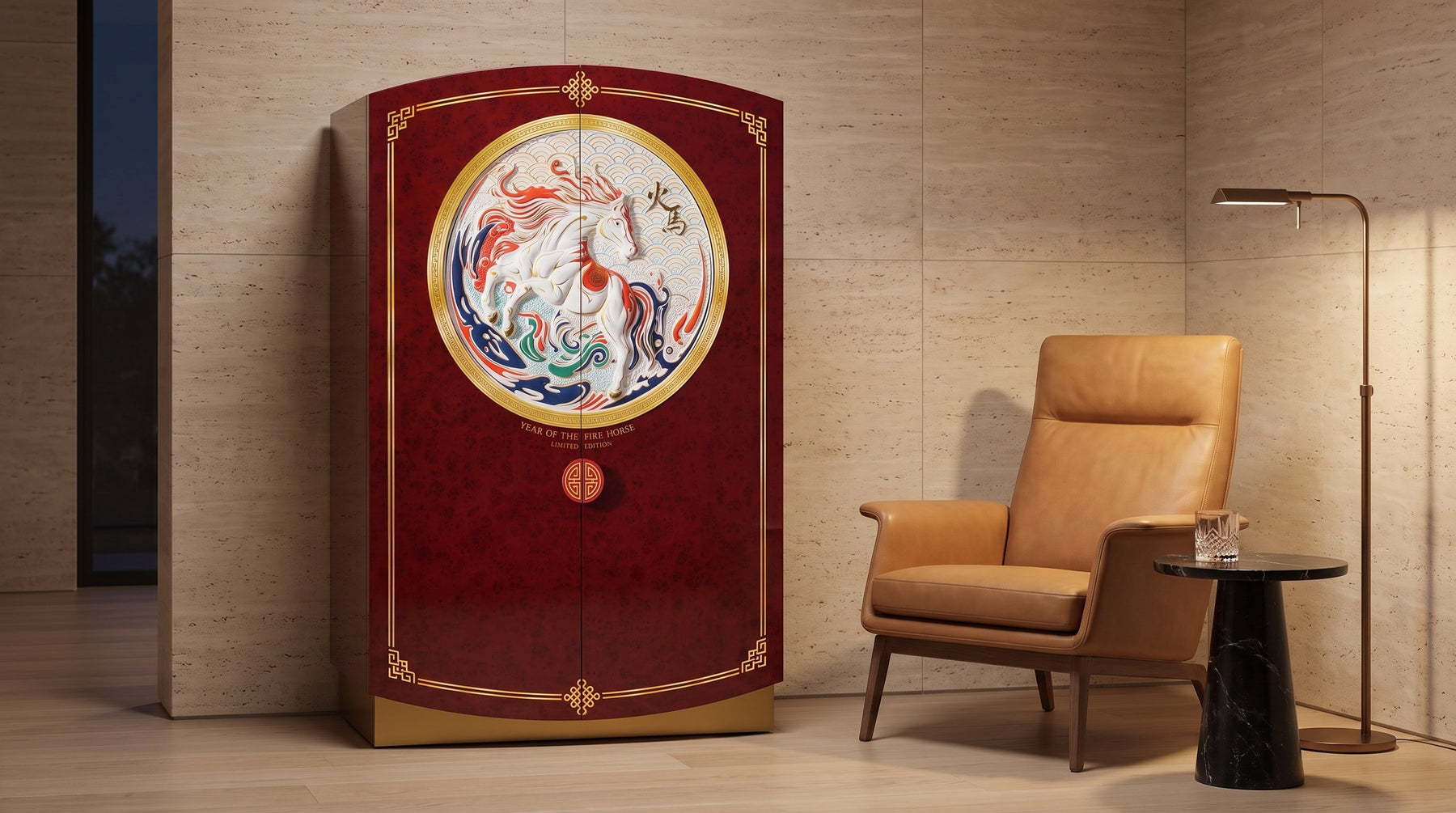 Afidano Year of the Fire Horse red lacquer cigar humidor cabinet free-standing in a travertine lounge beside a reading chair